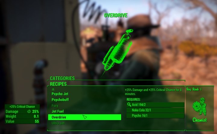 Overdrive is a drug that lets you critical hit 25% of the time and do extra damage for 8 minutes in Fallout 4