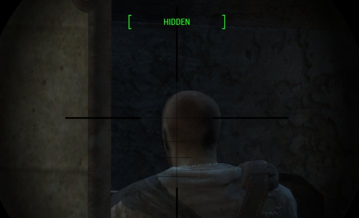 Stealthy sniper in Fallout 4 evades detection to score a sneak-attack head shot.