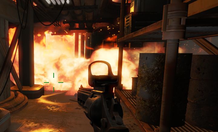A self-destruct explosion from a robobrain in Fallout 4