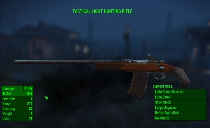 A Tactical Hunting Rifle with lower AP usage in VATS thanks to carefully chosen weapon mods.