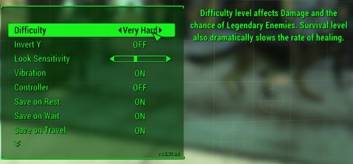 Fallout 4's Difficulty changes the rate of healing, damage dealt, damage taken, and legendary enemy spawns.