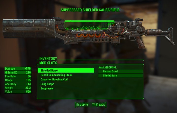 A Gauss Rifle modified for maximum damage in Fallout 4 - it's not two-shot or violent